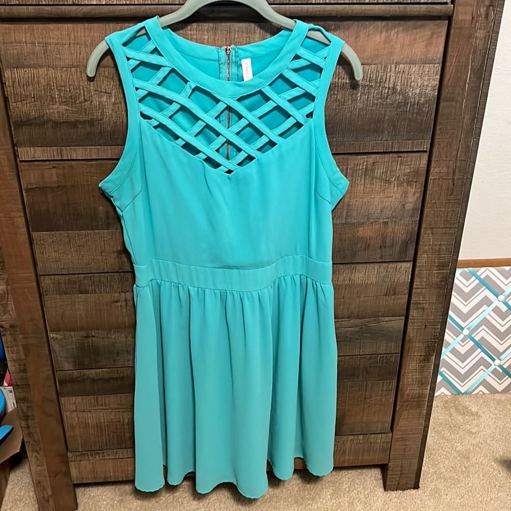Turquoise lattice-detail dress, size L
